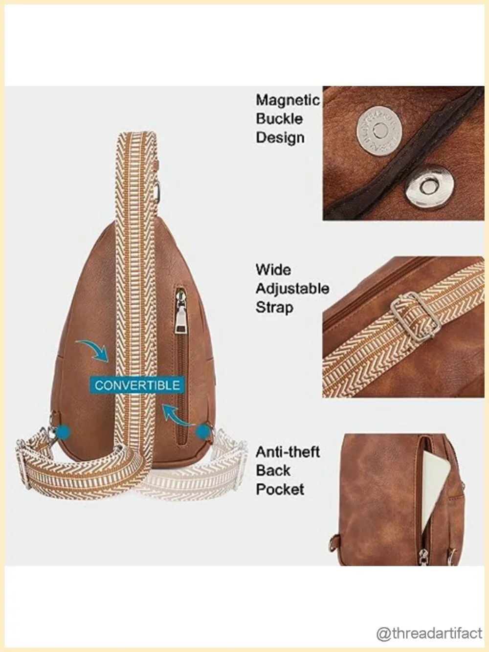 Vegan Leather Sling Bag, Fanny Pack Crossbody with Guitar Strap